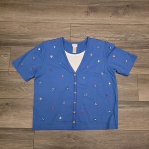 Koret Francisa Vintage Embroidered Beach/Water Theme Shirt Fish, Palm Trees, Etc